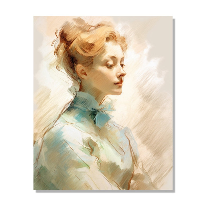 Side pose of a blond woman, hair tied up, wearing light blue dress, beige and white background : Living room Painting