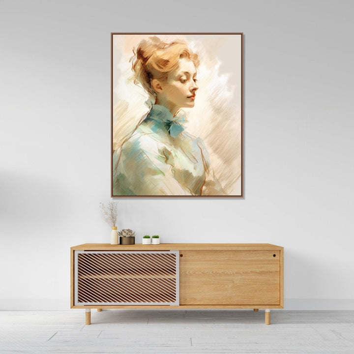 Side pose of a blond woman, hair tied up, wearing light blue dress, beige and white background : Living room Paintings