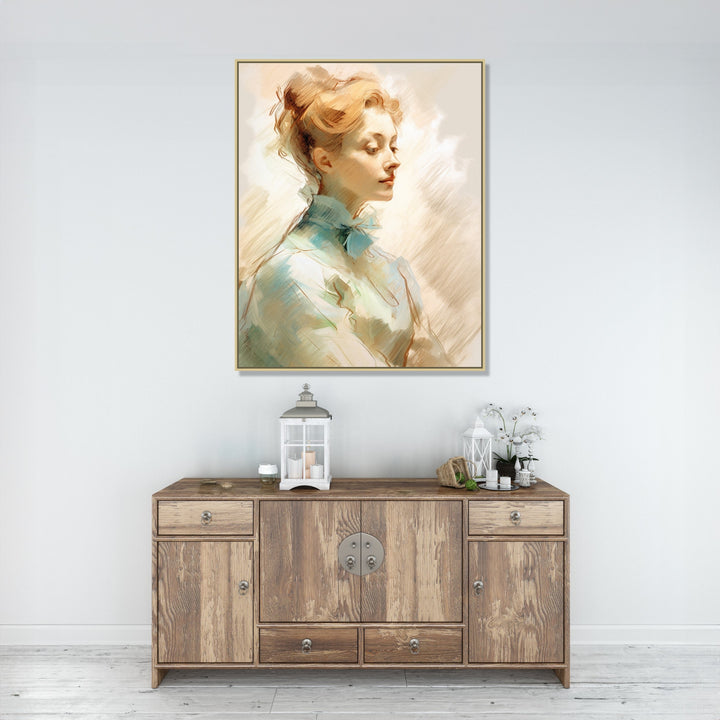 Side pose of a blond woman, hair tied up, wearing light blue dress, beige and white background : Personal room Paintings