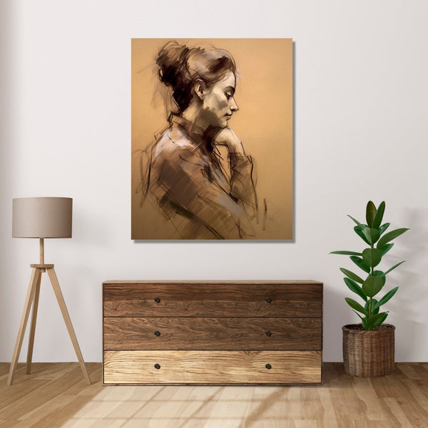 Side pose of a woman with hand unde rher chin, hair tied up, looking down, full sleeves dress