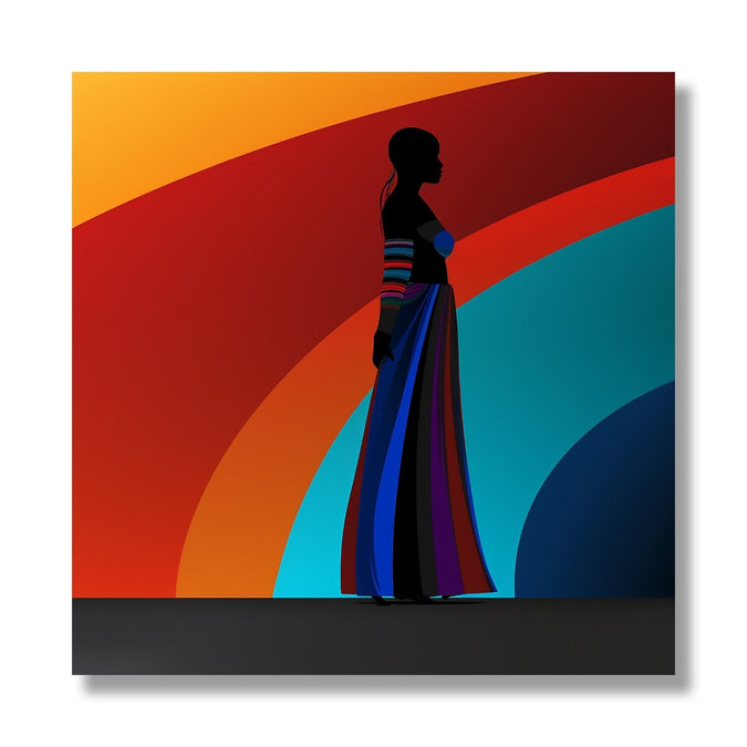 Single woman figure, colourful background 