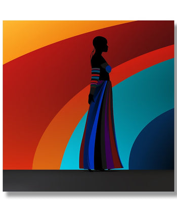 Single woman figure, colourful background 