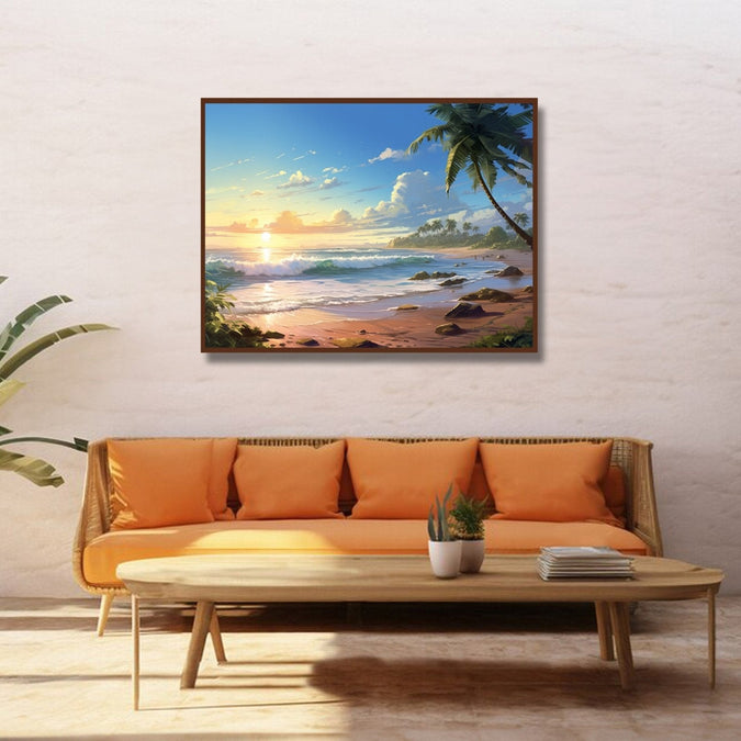 Sunset beach side view, coconut tree torwards top right Room 2