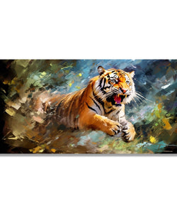 Tiger jumping out of abstract background 