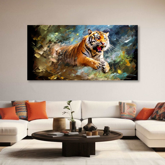 Tiger jumping out of abstract background Room 1