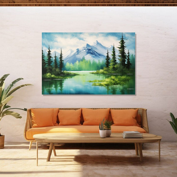 Traditional landscape of mountain, trees an d alake