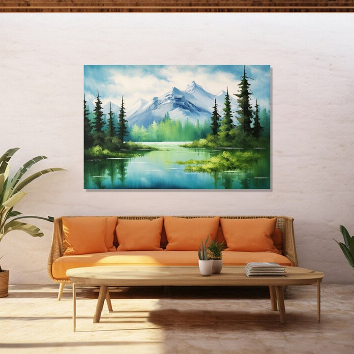 Traditional landscape of mountain, trees an d alake