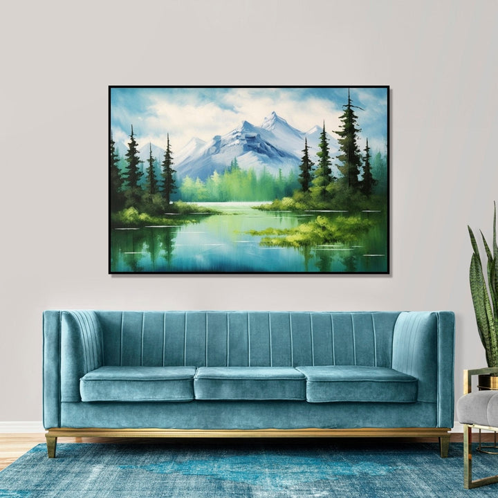 Traditional landscape of mountain, trees an d alake : Bed room Painting