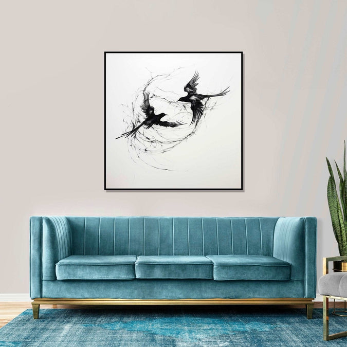 Two birds circlling each other, black and white : Bed room Painting