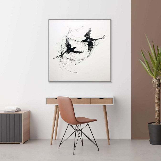 Two birds circlling each other, black and white : Dining room Painting