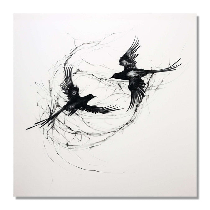 Two birds circlling each other, black and white : Living room Painting