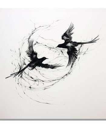 Two birds circlling each other, black and white : Living room Painting