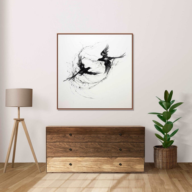 Two birds circlling each other, black and white : Living room Paintings