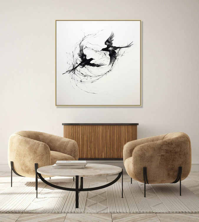 Two birds circlling each other, black and white : Personal room Paintings