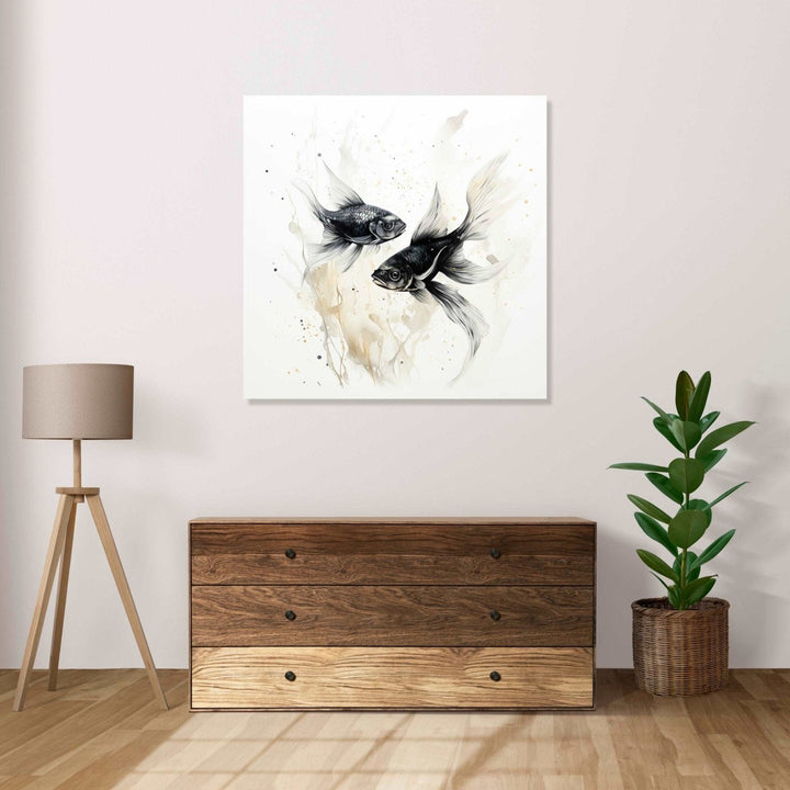 Two black fishes swimming with each other in white background