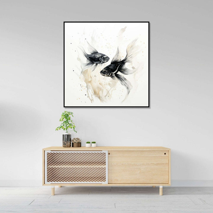 Two black fishes swimming with each other in white background : Bed room Painting