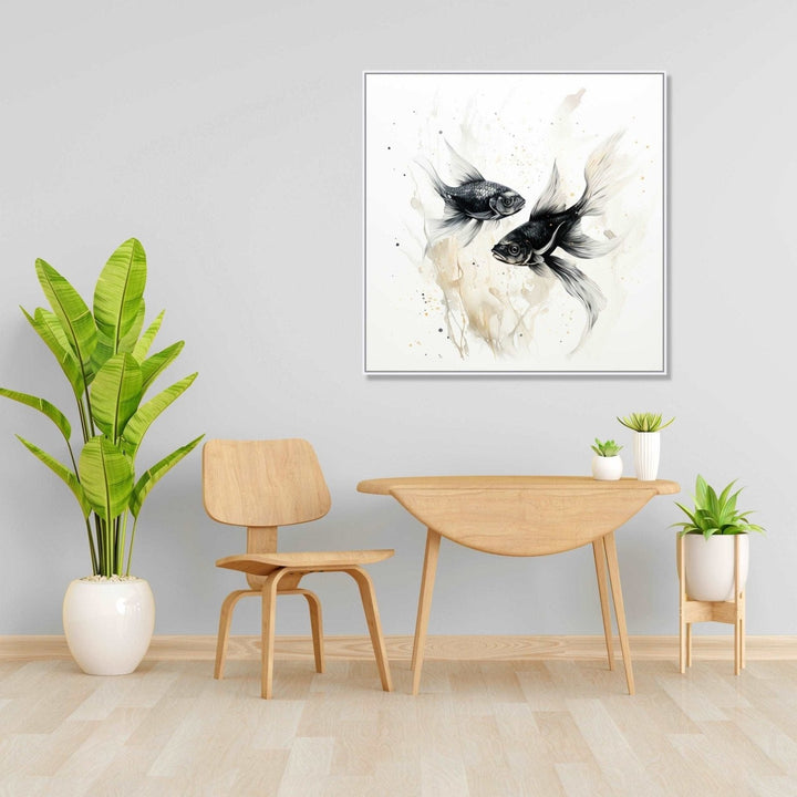 Two black fishes swimming with each other in white background : Dining room Painting