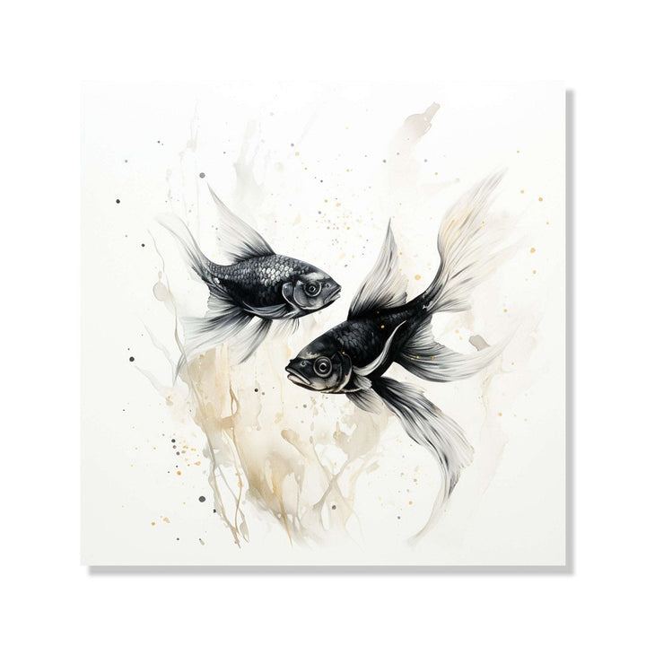 Two black fishes swimming with each other in white background : Living room Painting