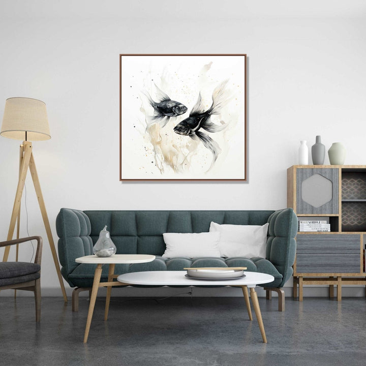 Two black fishes swimming with each other in white background : Living room Paintings