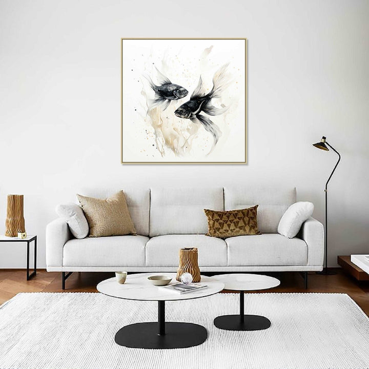 Two black fishes swimming with each other in white background : Personal room Paintings
