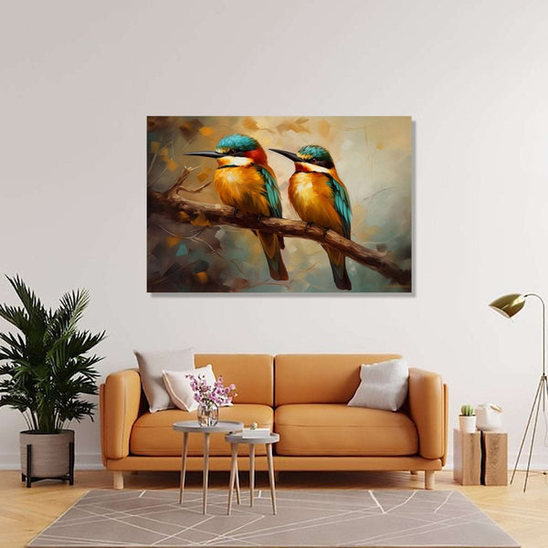 Two kingfishers sitting on a brown branch with light brown, yellow an dwhite background