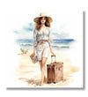 Watercolour, Woman with suitcase, water in background 