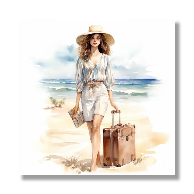 Watercolour, Woman with suitcase, water in background 