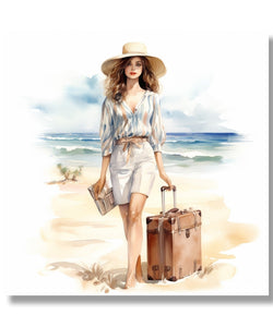 Watercolour, Woman with suitcase, water in background 