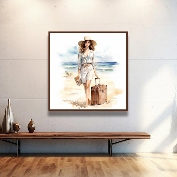 Watercolour, Woman with suitcase, water in background Room 2