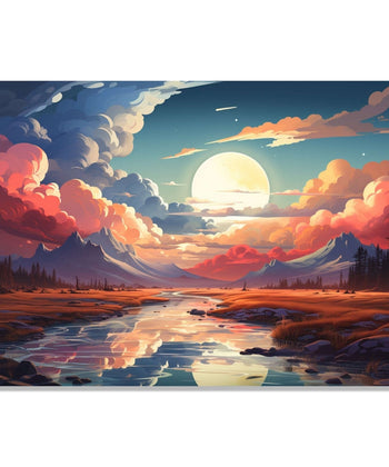 White sun setting, blue orange clouds, an dreflection in stream below : Living room Painting