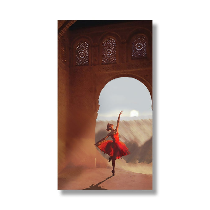 Woman dancing on one foot in palace, sunset in background 