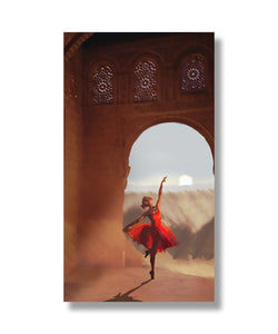 Woman dancing on one foot in palace, sunset in background 