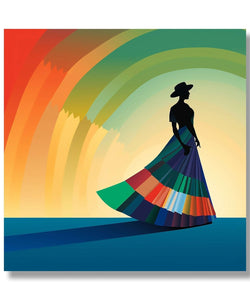 Woman figure with hat walking into colourful background, blue ground 