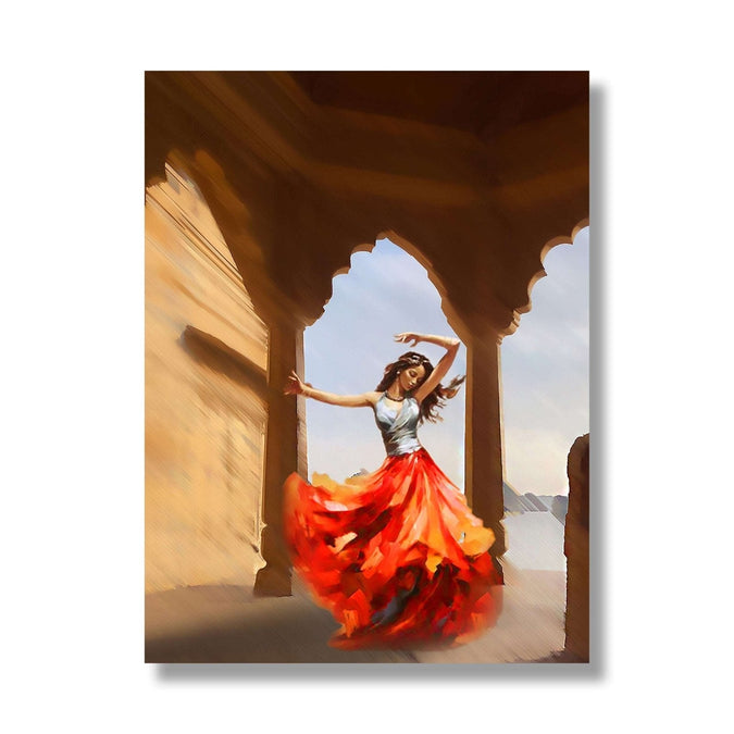 Woman with orange skirt, white top dancing in chatri type structure 