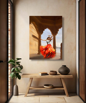 Woman with orange skirt, white top dancing in chatri type structure Room 1