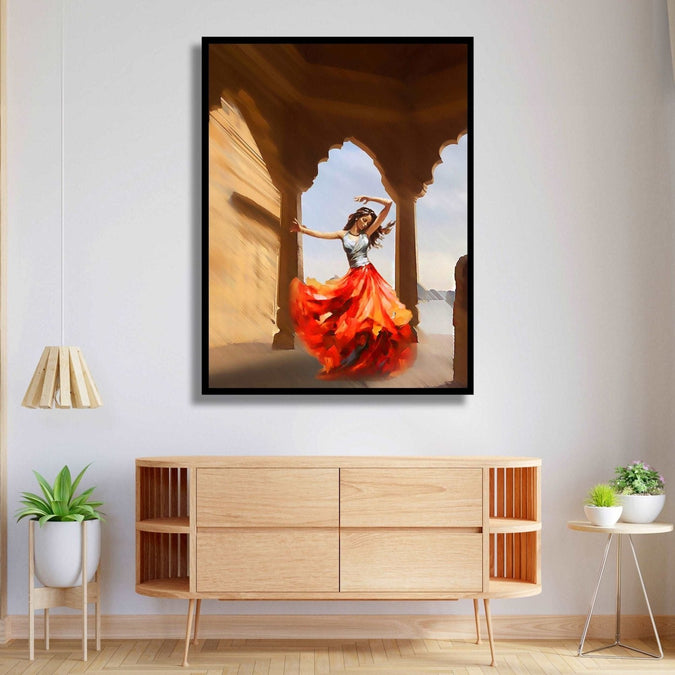 Woman with orange skirt, white top dancing in chatri type structure Room 4