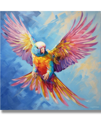 Yellow pink blue parrot, wings open, blue background 