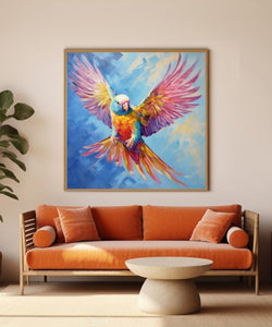 Yellow pink blue parrot, wings open, blue background Room 1