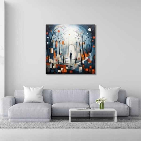 a lone figure strides through a forest of geometric structures