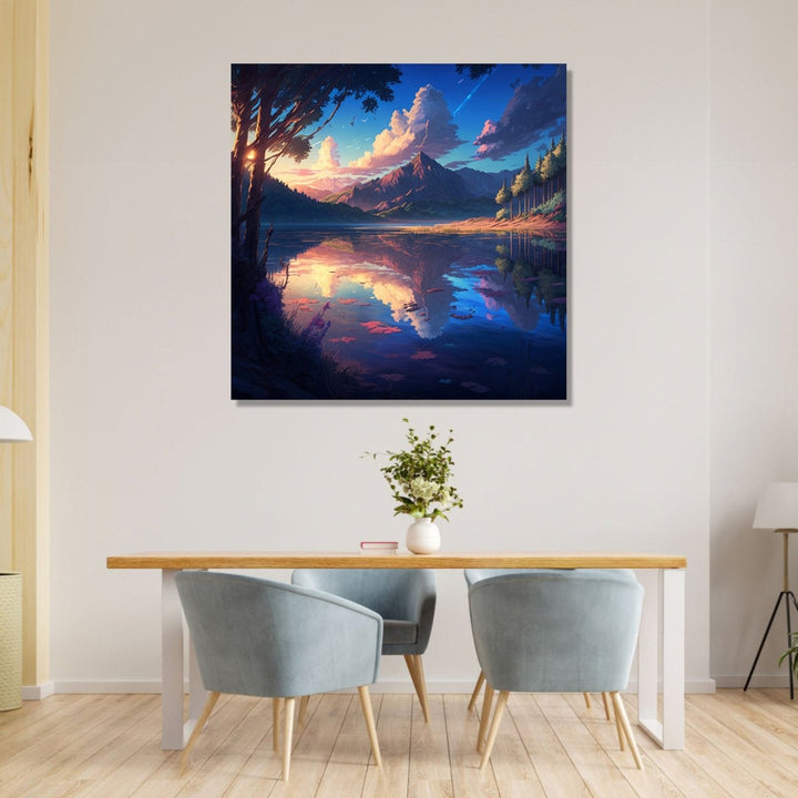 a mountain and sky visible with reflection over a lake