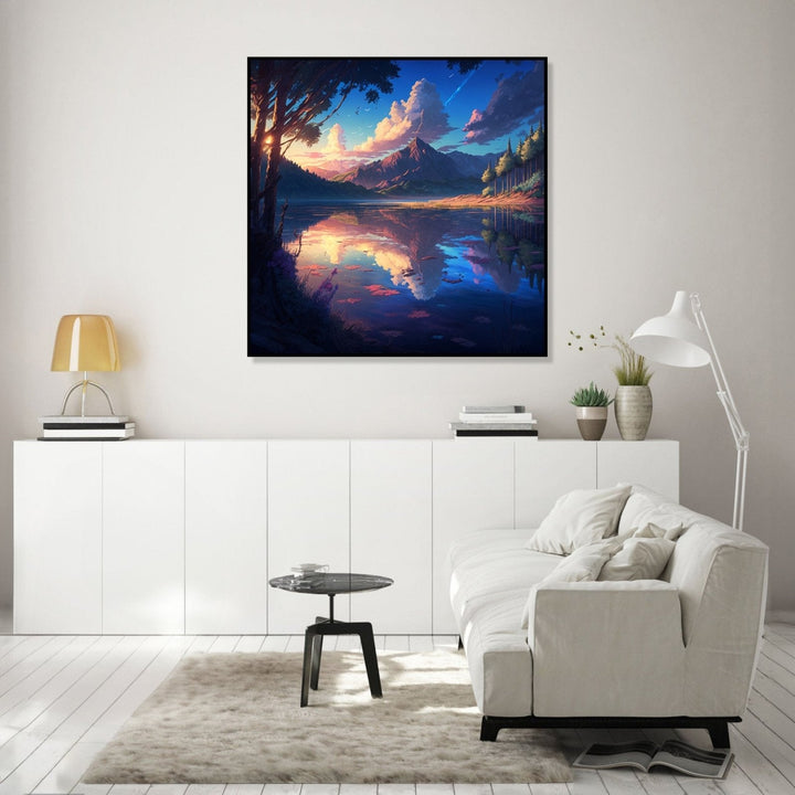 a mountain and sky visible with reflection over a lake : Bed room Painting