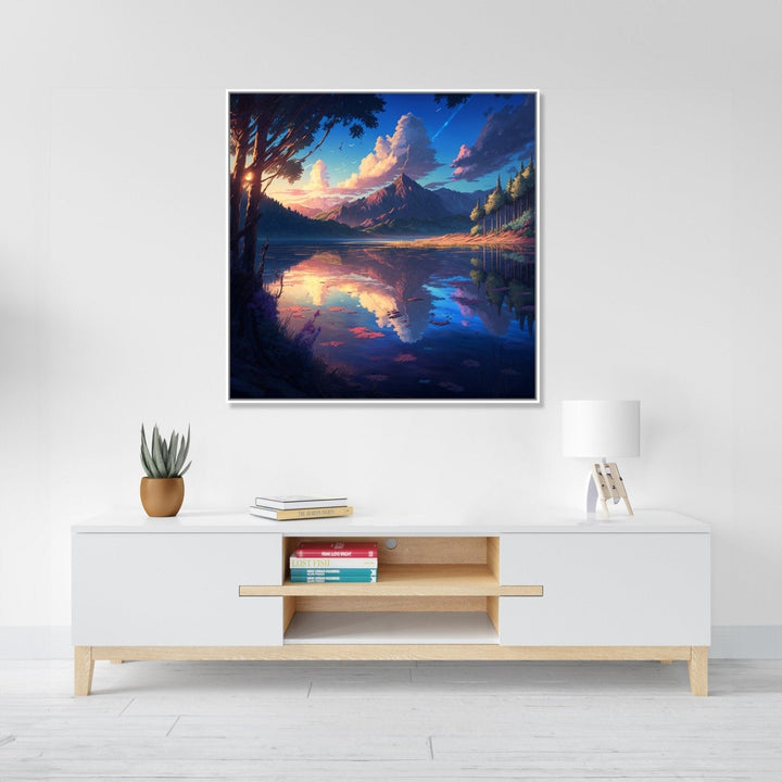 a mountain and sky visible with reflection over a lake : Dining room Painting