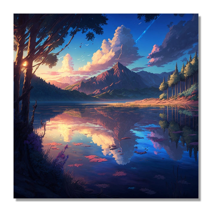 a mountain and sky visible with reflection over a lake : Living room Painting