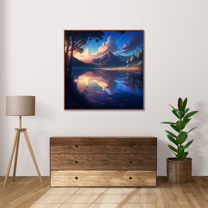 a mountain and sky visible with reflection over a lake : Living room Paintings