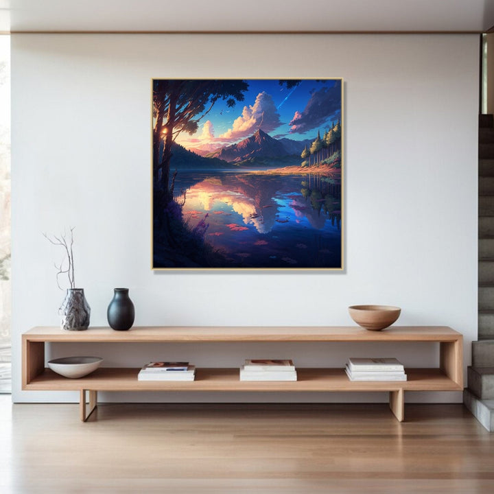 a mountain and sky visible with reflection over a lake : Personal room Paintings