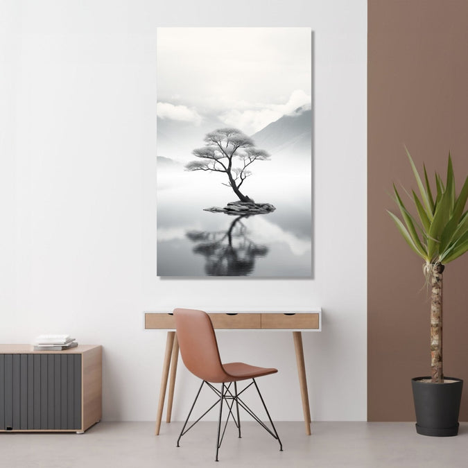 a realistic tree standing in middle of teh lake with mountains in background