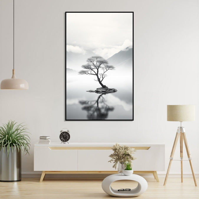 a realistic tree standing in middle of teh lake with mountains in background : Bed room Painting