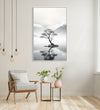 a realistic tree standing in middle of teh lake with mountains in background : Dining room Painting