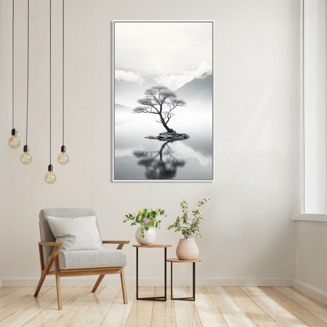 a realistic tree standing in middle of teh lake with mountains in background : Dining room Painting