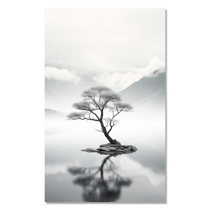 a realistic tree standing in middle of teh lake with mountains in background : Living room Painting